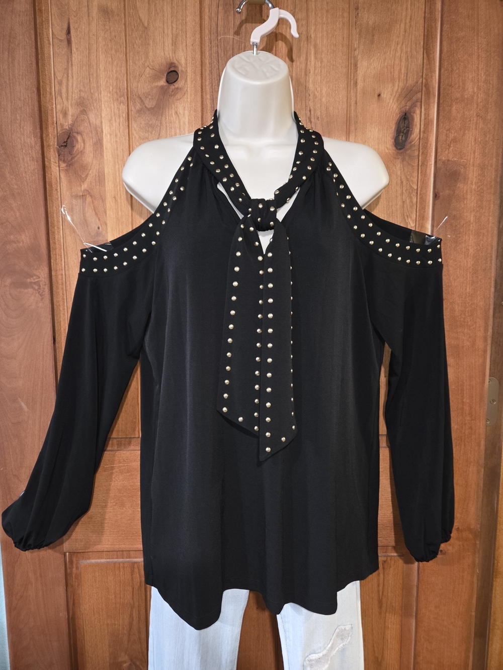 Michael Kors Black Cold-Shoulder Tie-Neck Top with Gold Studs